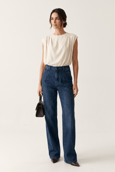 Calça Wide Leg Jeans Azul Médio com Elástico no Cós F26209
