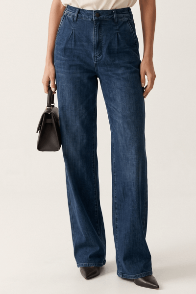 Calça Wide Leg Jeans Azul Médio com Elástico no Cós F26209