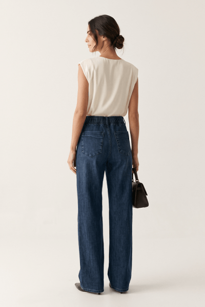 Calça Wide Leg Jeans Azul Médio com Elástico no Cós F26209