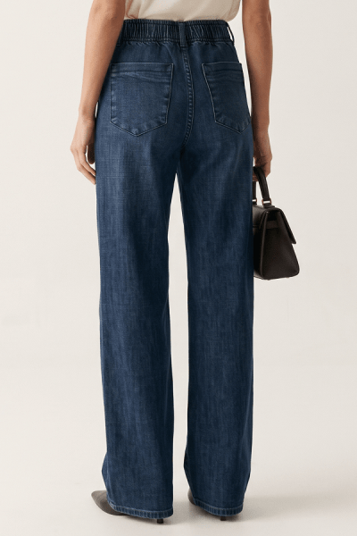 Calça Wide Leg Jeans Azul Médio com Elástico no Cós F26209