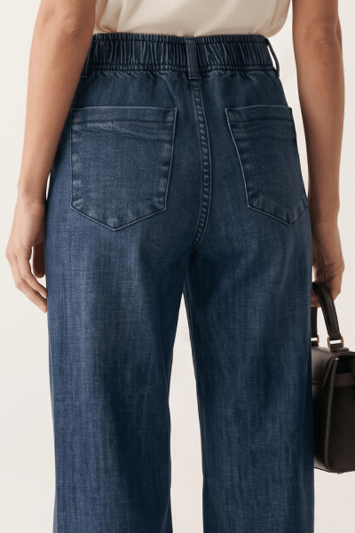 Calça Wide Leg Jeans Azul Médio com Elástico no Cós F26209