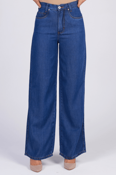 Calça Wide Leg Jeans Azul médio F25035 Calça Wide Leg Jeans Azul médio F25035