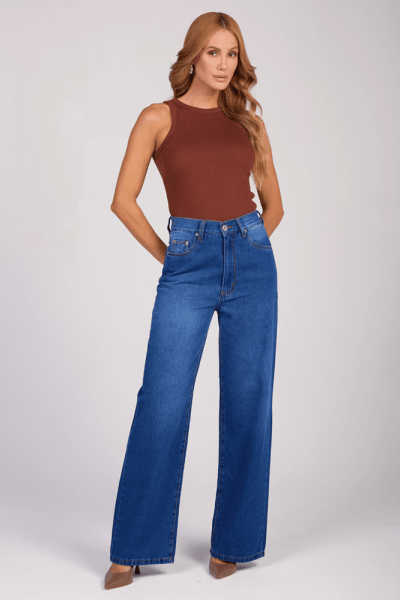 Calça Wide Leg Jeans Azul Médio F25036 Calça Wide Leg Jeans Azul Médio F25036