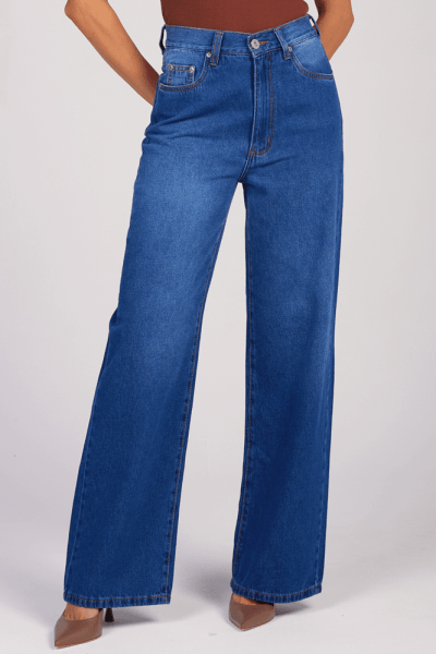 Calça Wide Leg Jeans Azul Médio F25036 Calça Wide Leg Jeans Azul Médio F25036