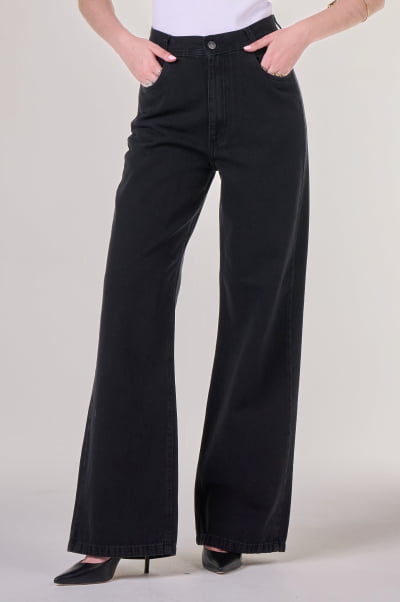 Calça Wide Leg Jeans Black Estonado F24068