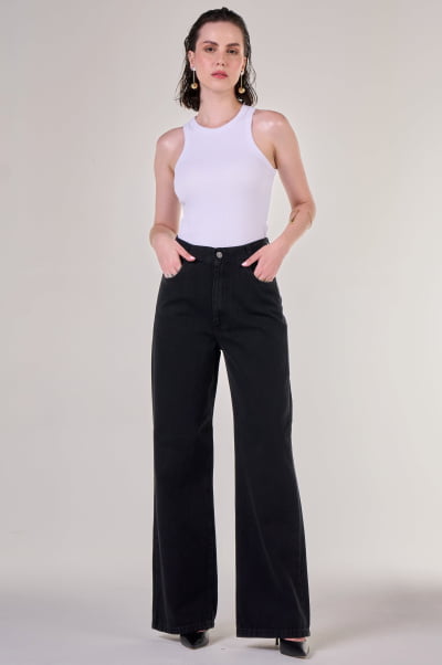 Calça Wide Leg Jeans Black Estonado F24068