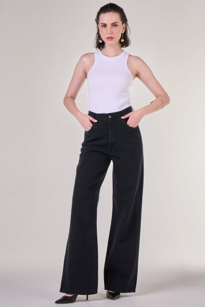 Calça Wide Leg Jeans Black Estonado F24068