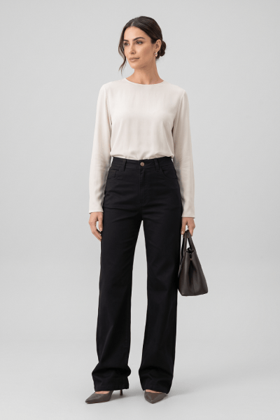 Calça Wide Leg Preta Sarja Cetim F2907CE Calça Wide Leg Preta Sarja Cetim F2907CE