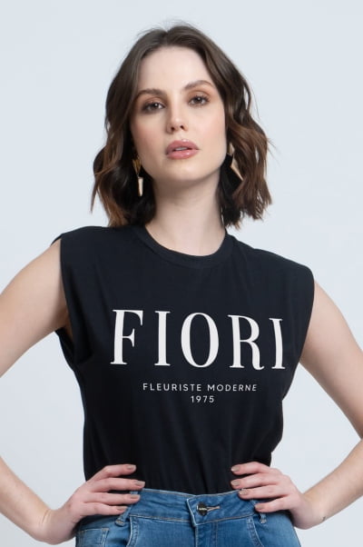 Regata Muscle Tee Preta Fiori
