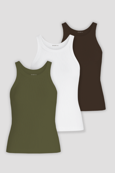 Kit 3 regatas caneladas: Verde Militar, Branca e Marrom