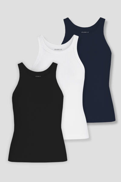 Kit 3 Regatas Caneladas: Preto, Branco e Azul Marinho