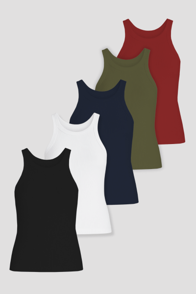 Kit 5 Regatas Caneladas: Preto, Branco, Azul Marinho, Verde Militar e Vermelho