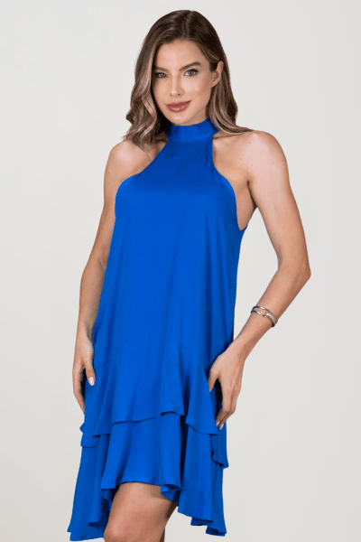 Vestido Feminino Azul Royal Solto Com Babados Elegante Alça Laço TSB4502AZ