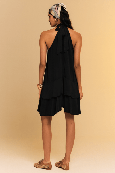 Vestido Feminino Preto Solto Com Babados Elegante Alça Laço