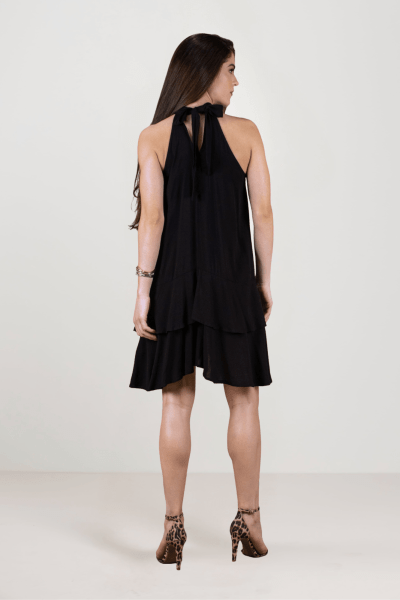 Vestido Feminino Preto Solto Com Babados Elegante Alça Laço