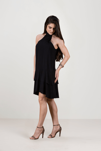 Vestido Feminino Preto Solto Com Babados Elegante Alça Laço