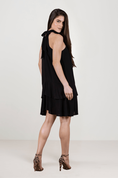 Vestido Feminino Preto Solto Com Babados Elegante Alça Laço