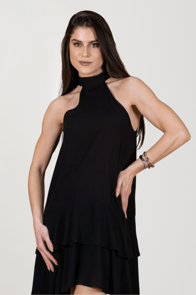 Vestido Feminino Preto Solto Com Babados Elegante Alça Laço