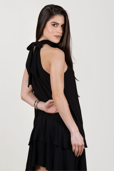 Vestido Feminino Preto Solto Com Babados Elegante Alça Laço