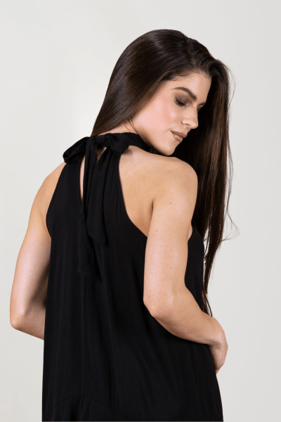 Vestido Feminino Preto Solto Com Babados Elegante Alça Laço