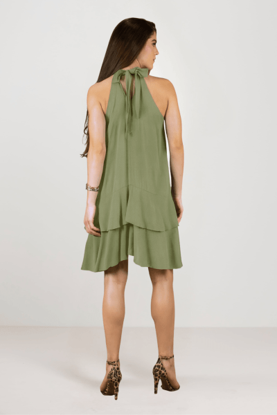 Vestido Feminino Verde Pistache Solto Com Babados Elegante Alça Laço TSB4502VR