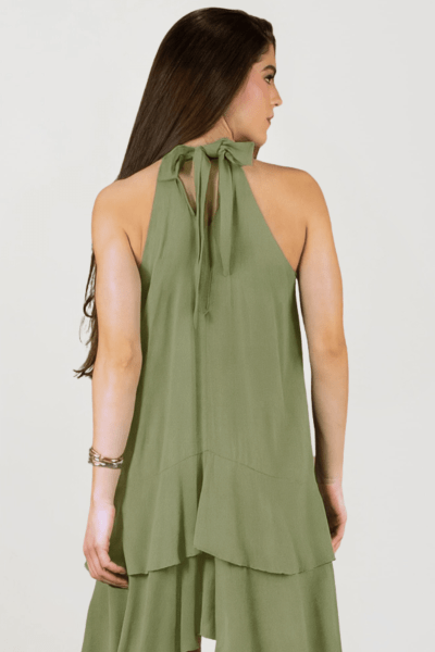 Vestido Feminino Verde Pistache Solto Com Babados Elegante Alça Laço TSB4502VR