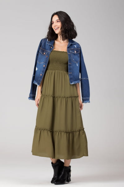 VESTIDO LASTEX MIDI VERDE MILITAR VT017