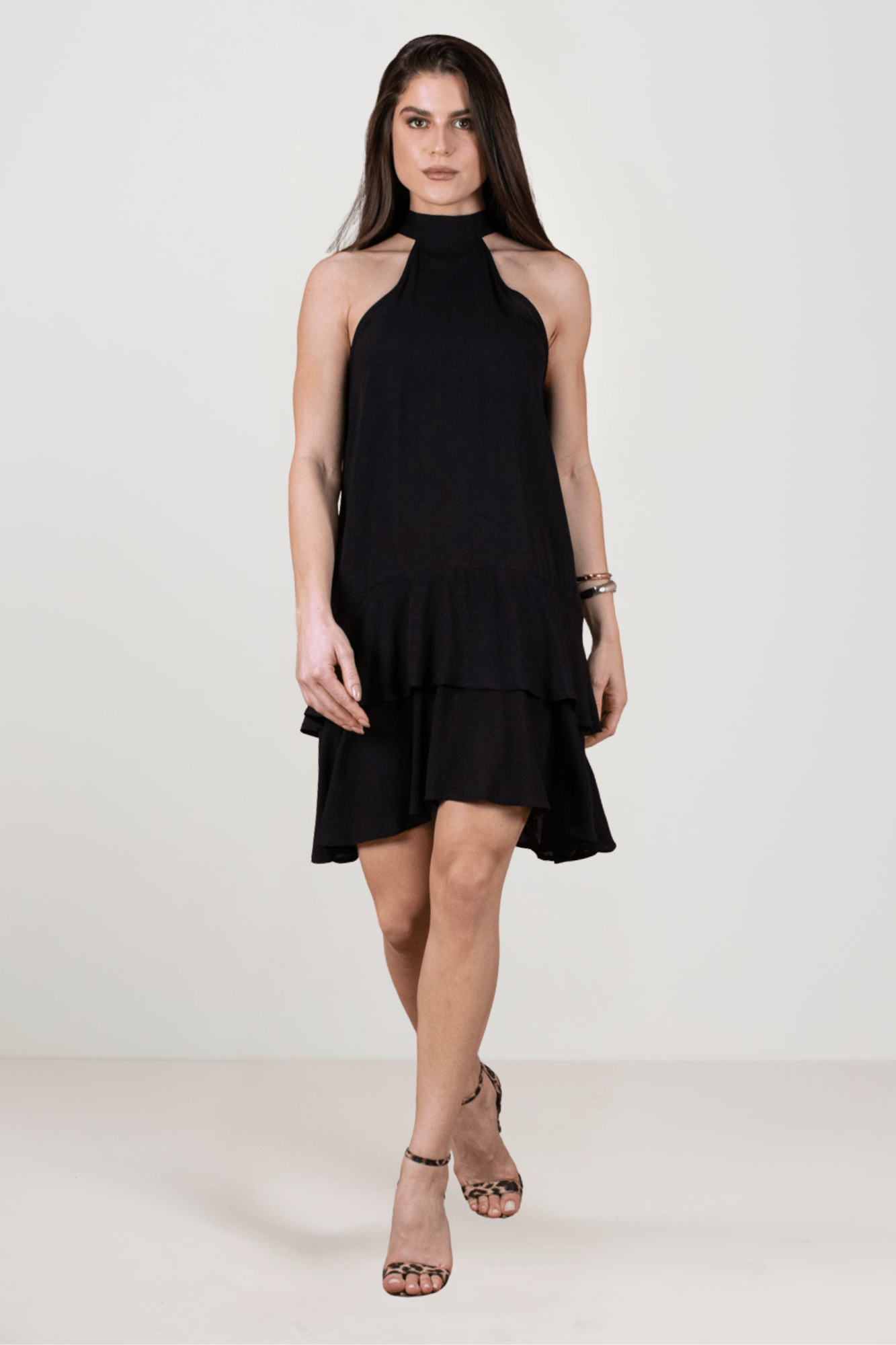 Vestido Feminino Preto Solto Com Babados Elegante Alça Laço